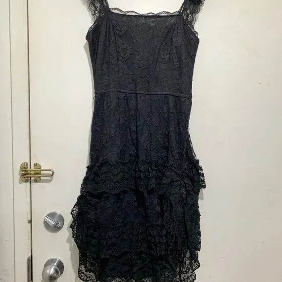 VINTAGE NU-MODE SLIM FIT SLEEVELESS RUFFLE LACE LITTLE BLACK DRESS SIZE S - Picture 5 of 12